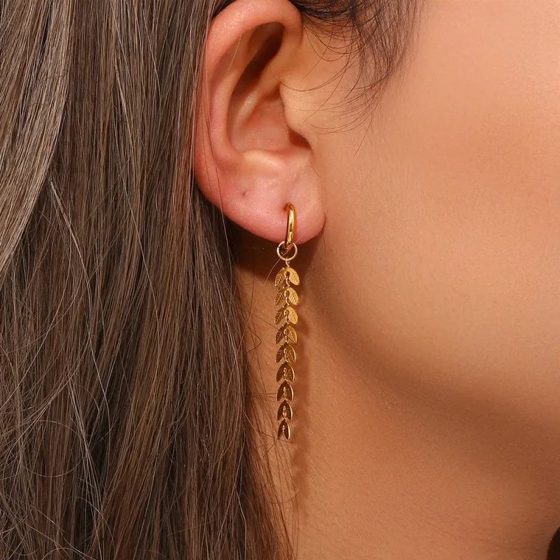Dangling Wheat Leaf Long Huggie Earrings 316 Stainless Steel Gold Vintage Leaf Tassel Thin Chain Drop Ear Jewelry