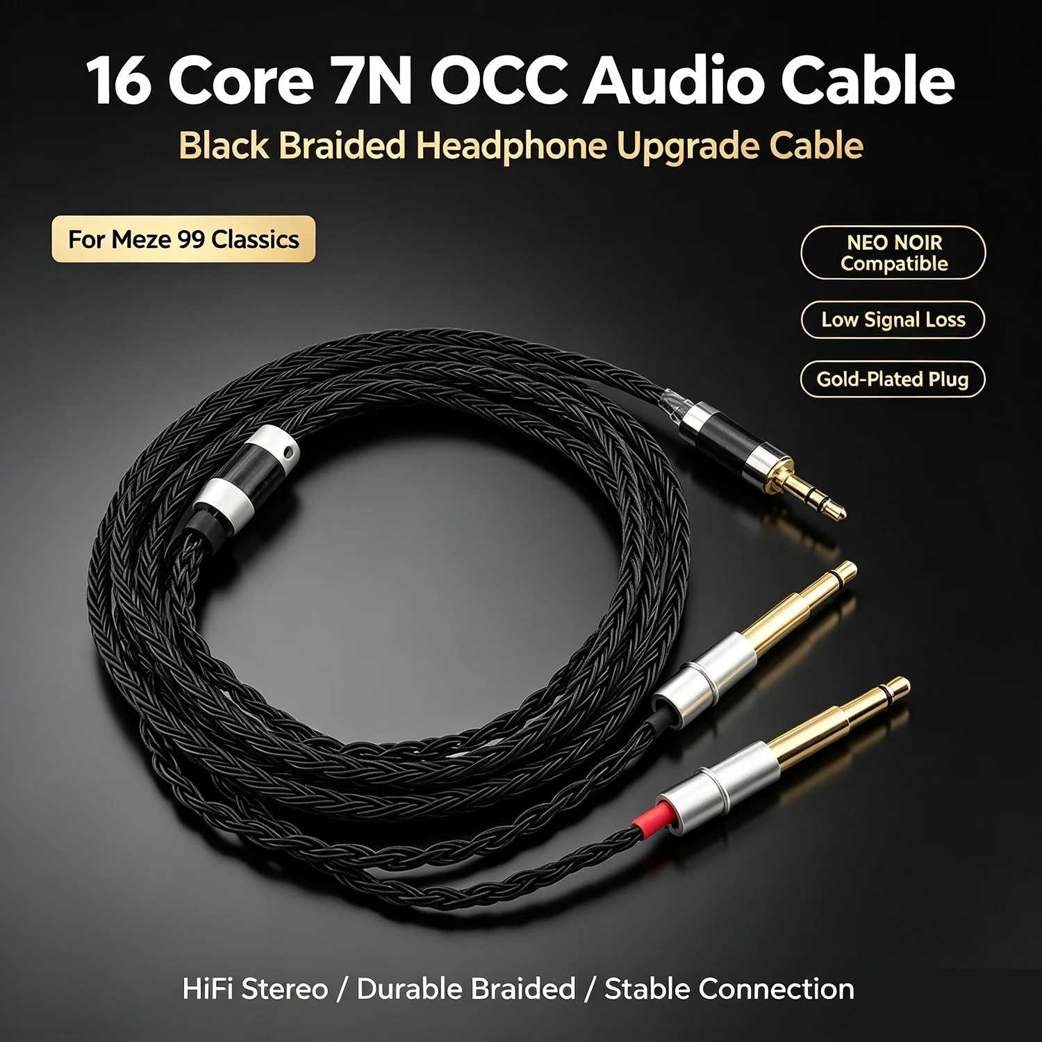 HiFi 16 Core 7N OCC Black Braided Headphone Cable Replacement For Meze 99 Classics NEO NOIR Headsets