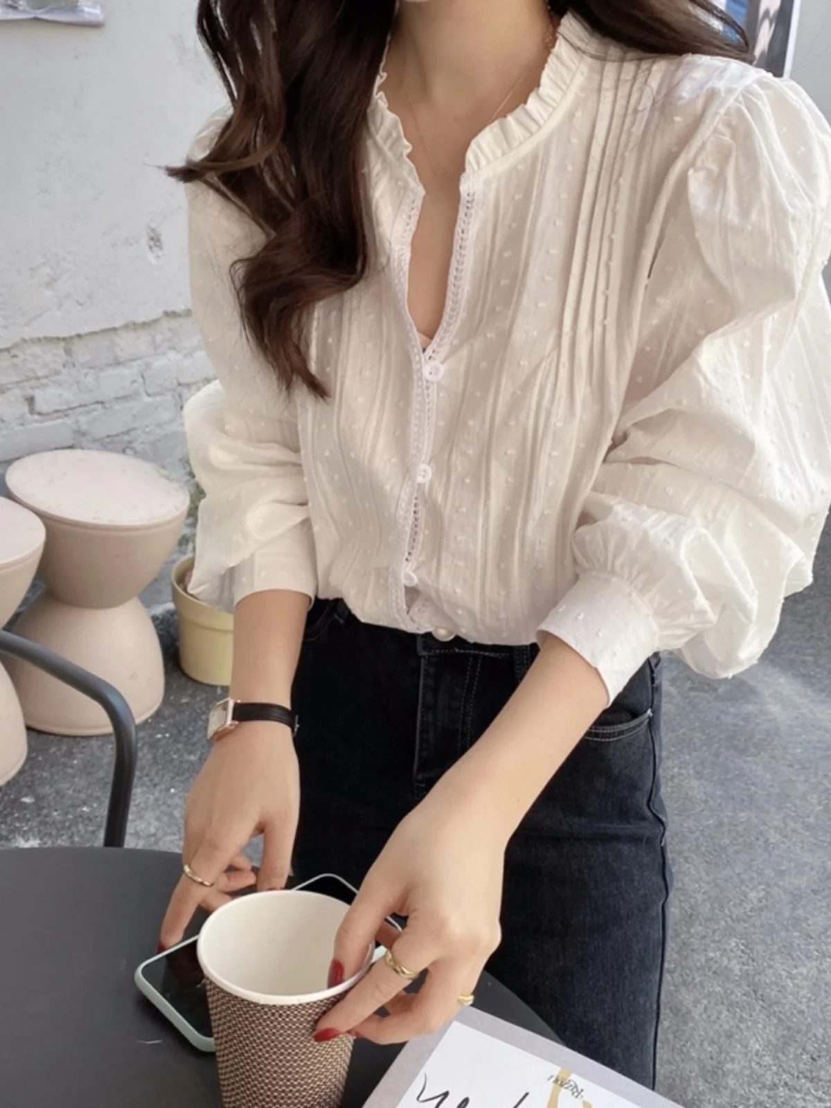 

Ele White Long Sve Women's irt Korean Sle Bubble Sve Chiffon Top Aosphere Feeling Sweet Commute Faion irt