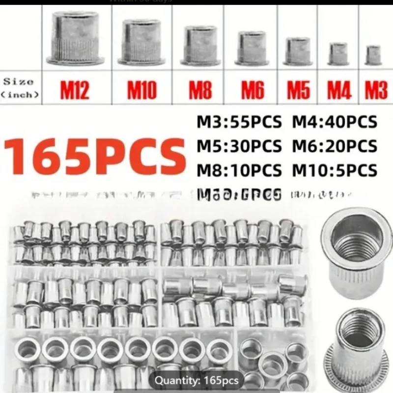 150Pcs/165pcs/230pcs Boxed Riveting Nut Color Zinc Plated American Riveting Nut Riveting Nut Set