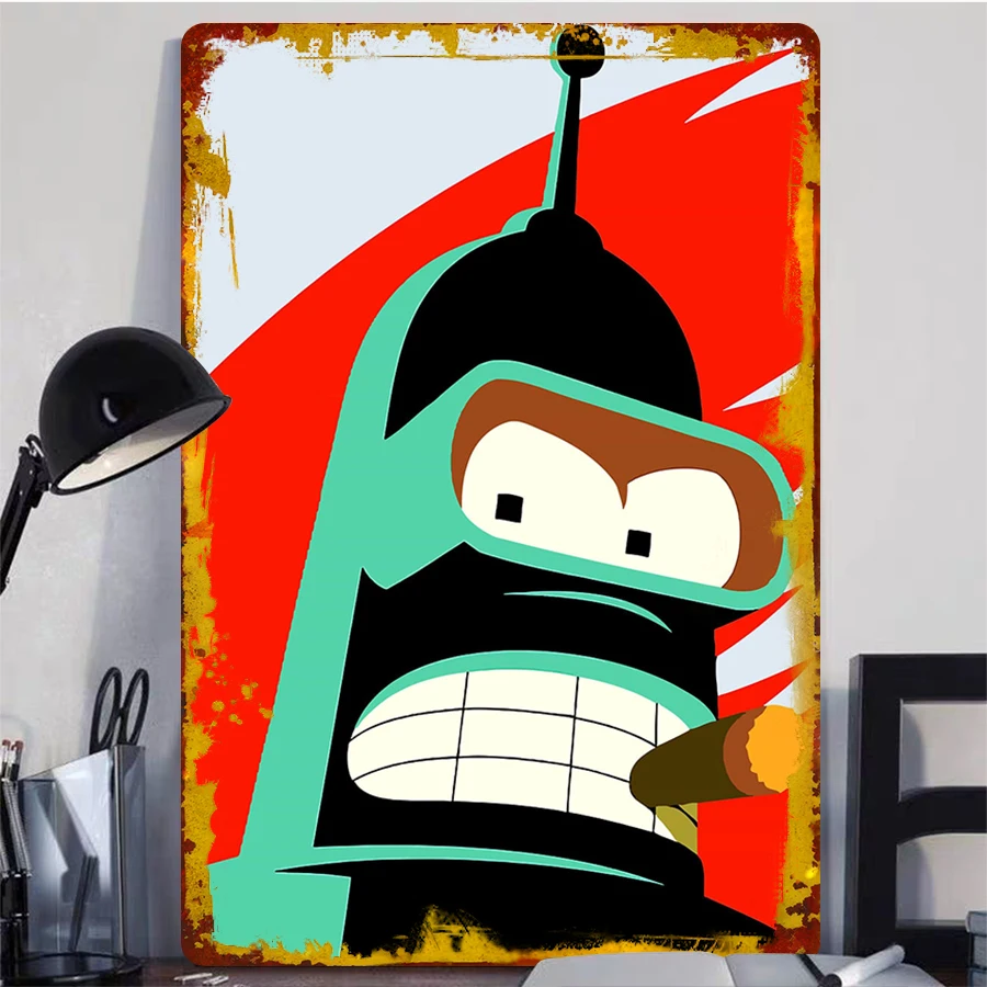 Futurama Bender Robot Smoking Cigar Metal Wall Art Decor Vintage Comic Home Decoration