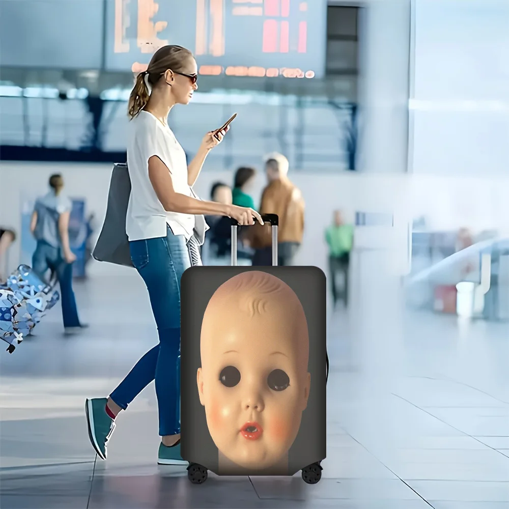 1pc creepy doll head print luggage cover. Fits suitcases from 18 to 32 inches; effectively protects your luggage.