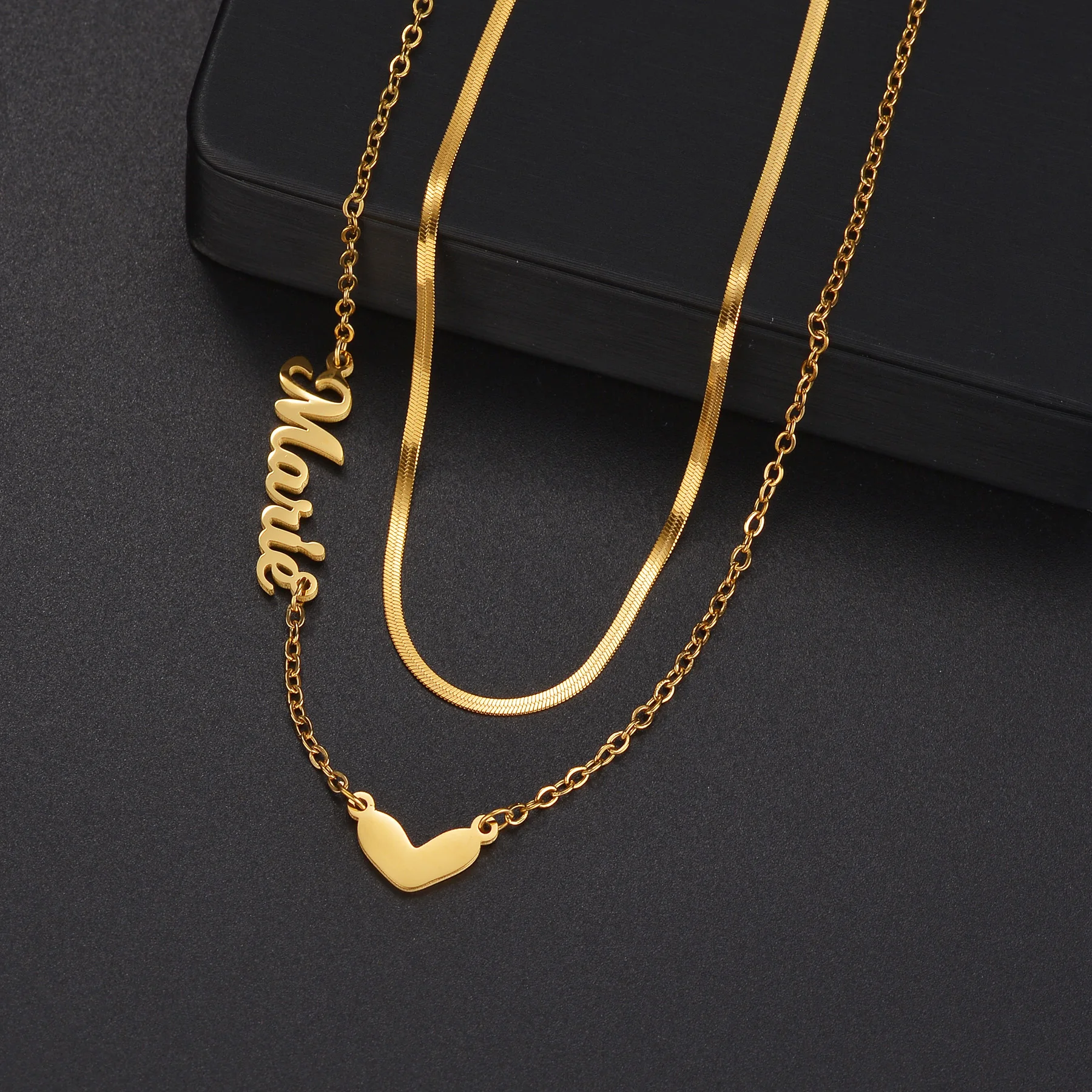 Atoztide Custom Name Necklace for Women 2 Layer Blade Chain Personalized Heart Stainless Steel Jewelry Choker Birthday Gifts - view 4