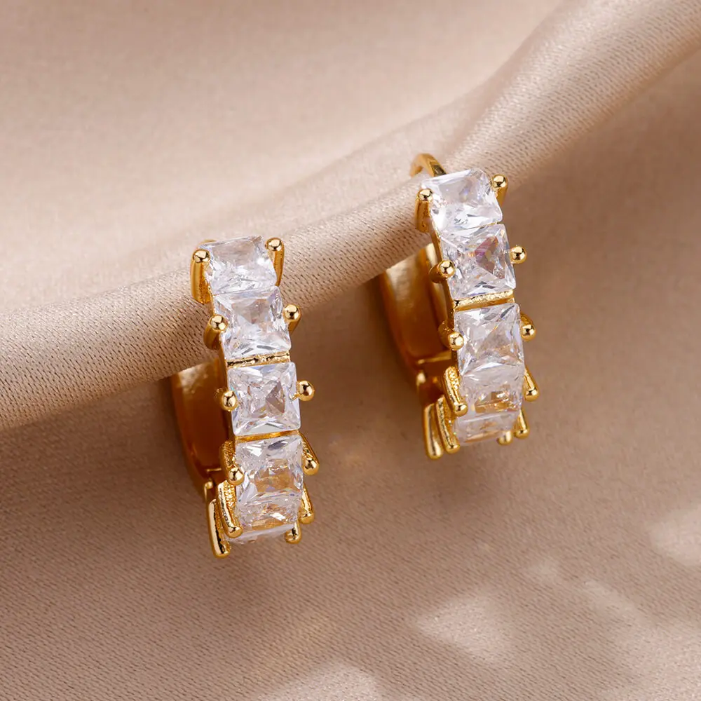 Cubic Zircon Round Hoop Earrings for Women Gold Color Stainless Steel Earrings New In Luxury Christmas Jewelry Party Gift