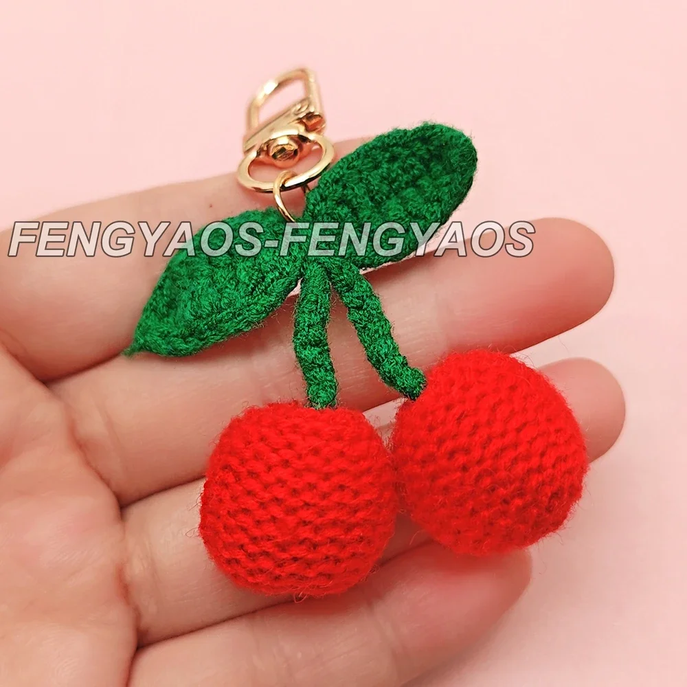 1 Pcs Yarn Cherry Keychains for Women Lovely Handmade Woven Fruit Key Rings New Year Gift for Girls