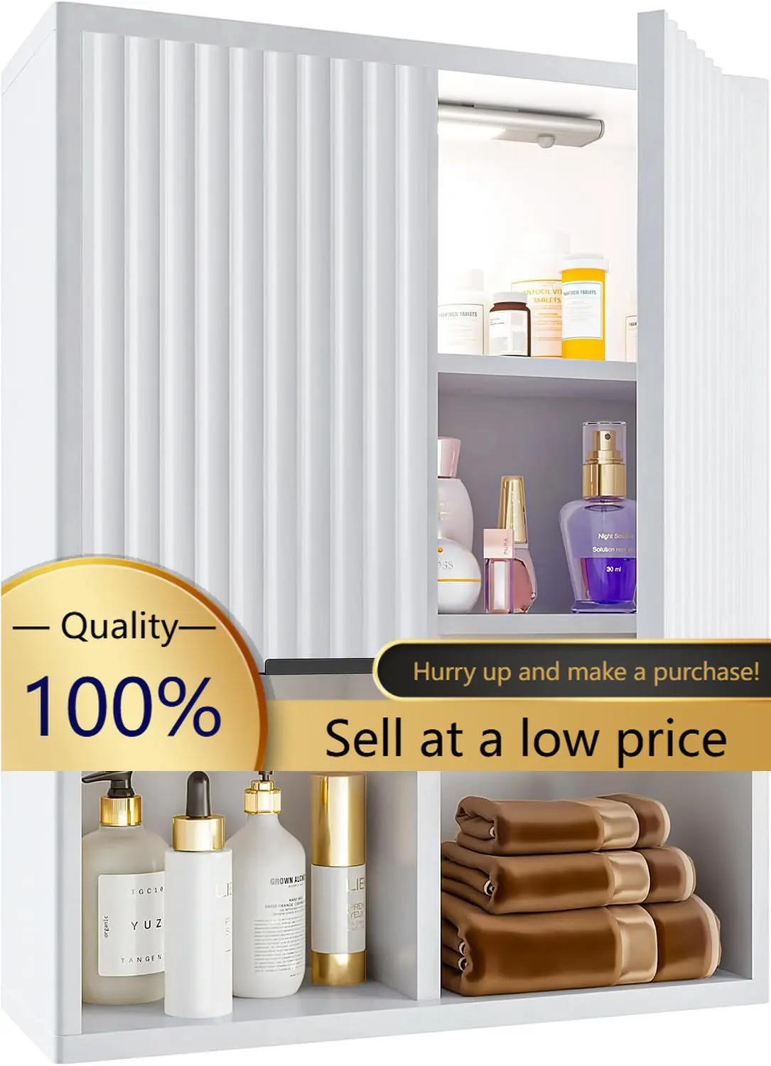 Fluted Bathroom Wall Cabinet with Motion Sensor Light - White | Wooden Wall Mount Medicine Cabinet with Fluted Panel Doors, Adju
