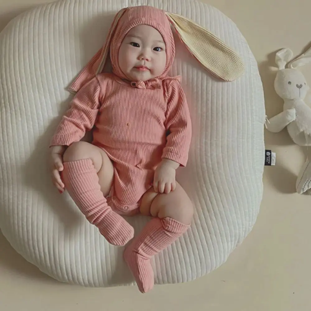 

Cotton Solid Rabbit Romper Sets Ribbed Texture 3 Pieces Set Bunny Costume Ear Hat Solid Color Baby Bodysuit Toddler Boys