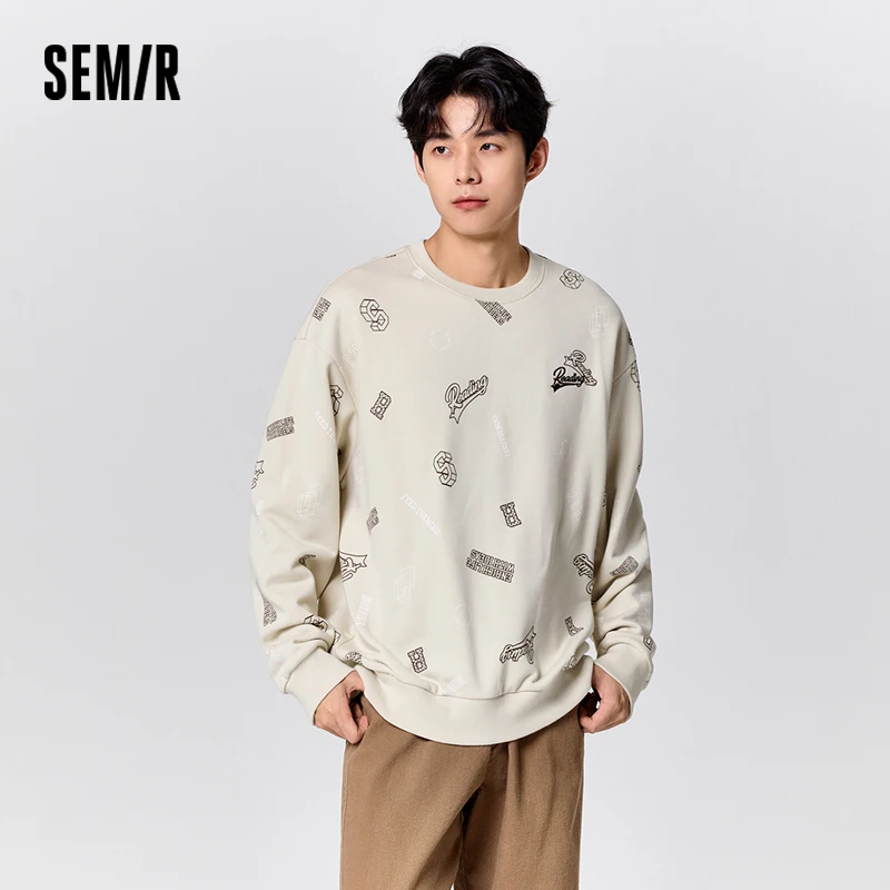 Semir Sweatshirt Men Winter Trendy Full-Print Top Niche Personality Loose Round Neck Dropped Shoulder Fleece Casual Wear