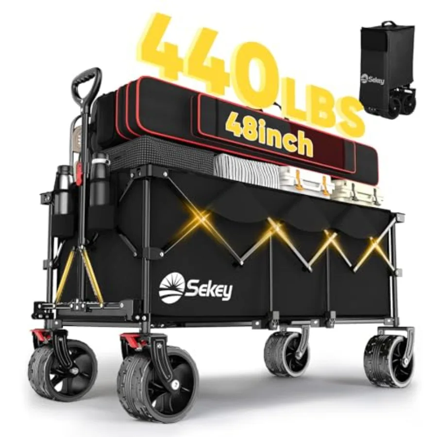 

48''L Collapsible Foldable Heavy Duty Garden Cart with 300L Ccity Black All-Terrain Beach Wheels Drink Holders 440lbs Weight Cc