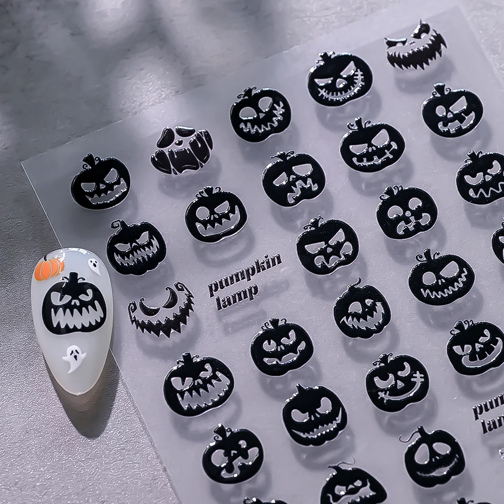 1Sheet 5D Black Halloween Nail Sticker Dark Spider/Bat/Pumpkin/Skull Nail Art Decals 10X8cm Halloween Festival Manicure Sliders