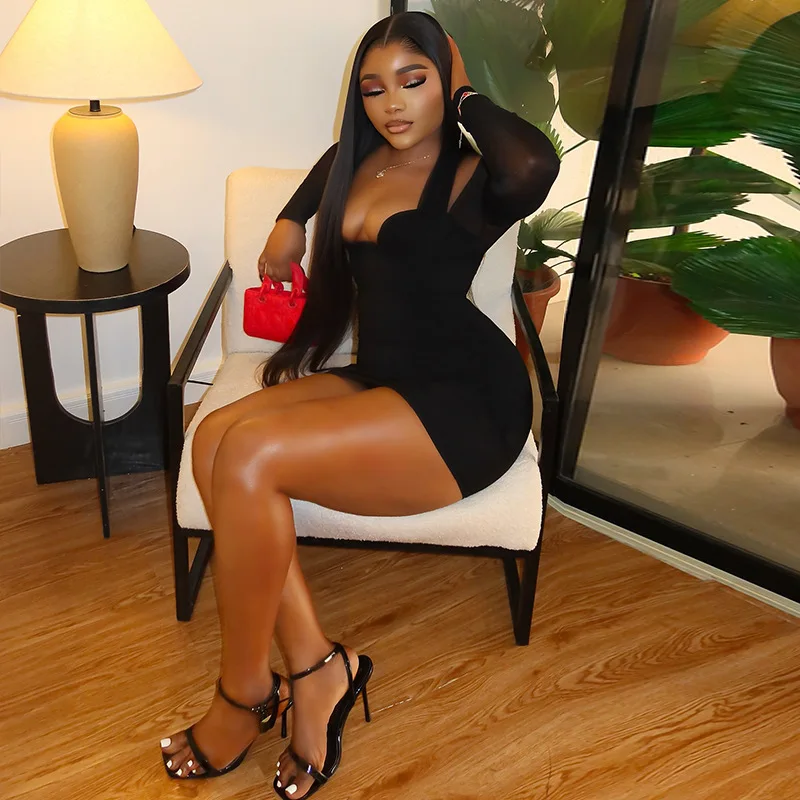 Women Sexy See Through Mesh Patchwork Long Sleeve Halter Bodycon Mini Dress V Neck Slim Hipster Night Clubwear Party Outfits