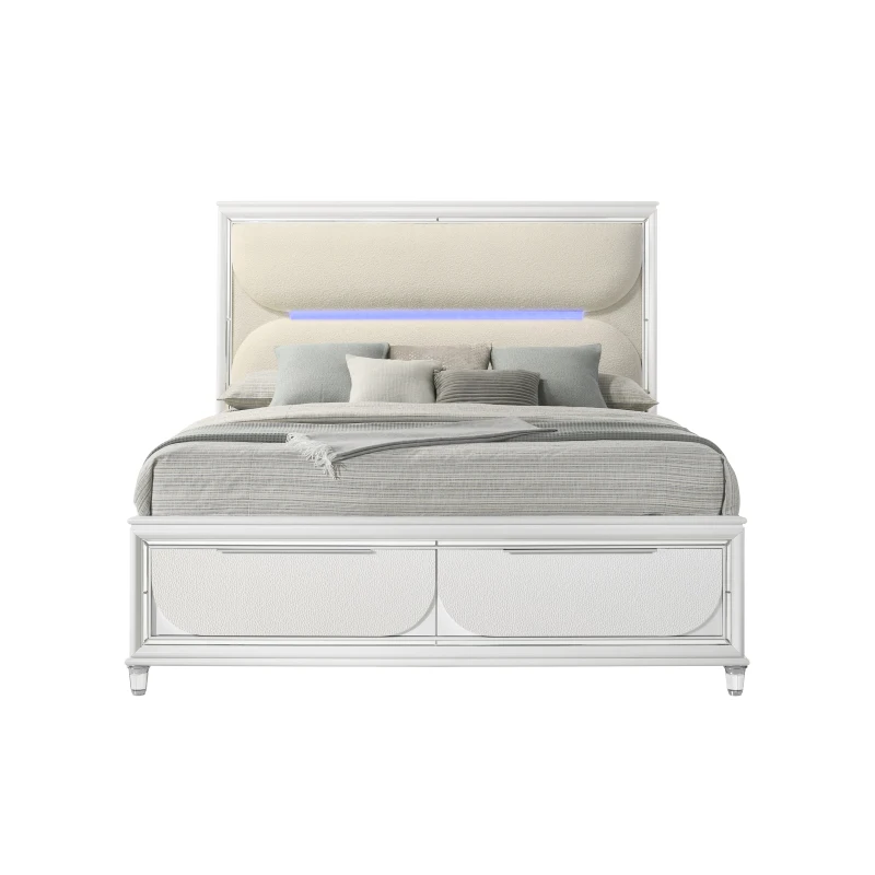 Tarian Queen size bed with storage drawers and LED lights, pearl white finish, adult and adolescent double beds, single beds