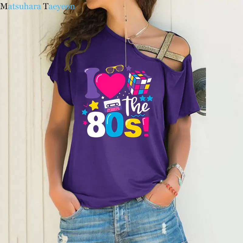 I Love The 80 T Shirt for Women Party Funny Vintage T Shirts Best Gift Tops & Tees Casual Irregular Skew Cross Bandage Tops