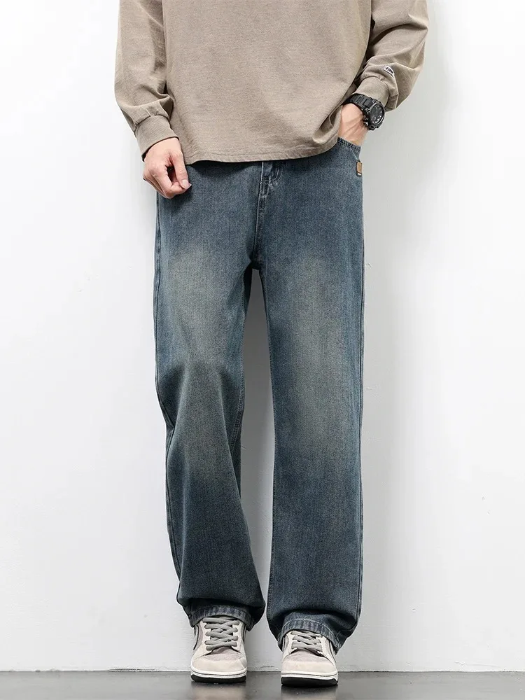 New Men American Retro Washed Jeans Baggy Wide Leg  Korean Streetwear Pants Loose Straight Leg Denim Casual Long Trousers