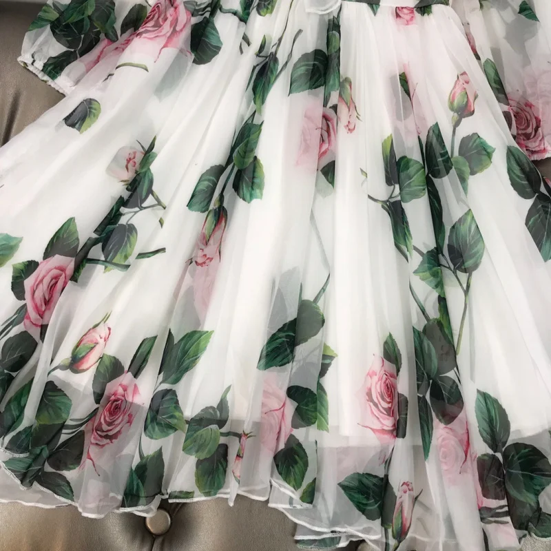 Spring and Summer Girls' Floral Print Long Sleeve Dress Princess Dress Flared Chiffon Dress