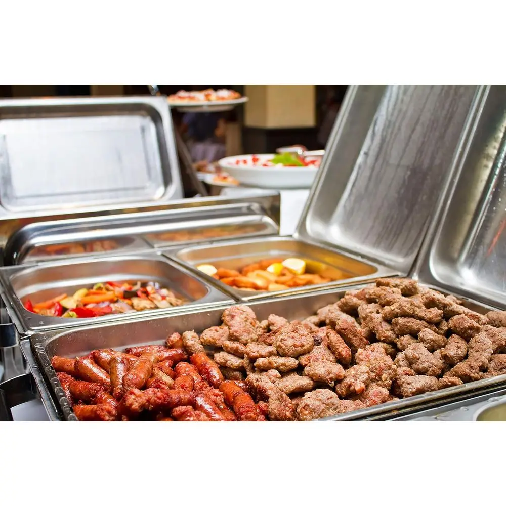 Stainless Steel Chang Dishes Buffet Set with 4 Chairs, Water Pan, Food Pan, and Lid