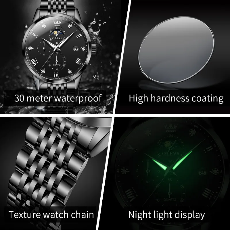 OLEVS 2925 Relojes Masculinos Original Men's Watch Chronograph Waterproof Luminous Moon Phase Calendar Quartz Wristwatch for Men