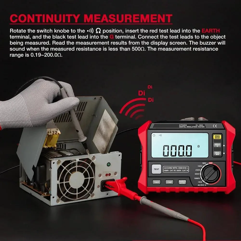 

HT5203 Insulation Resistance Tester with Rugged Rubber Casing Backlit LCD Screen and Clear Interface Markings for Fast Setup
