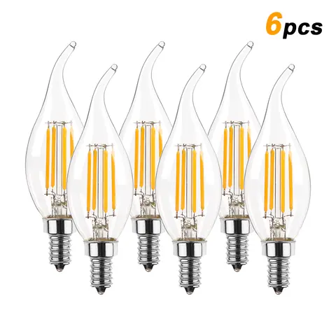 6PCS C35 4W Flame Tip LED Chandelier Light Bulbs 40W Equivalent E12 E14 Candelabra Base 220V Dimmable Vintage Candle Decor Bulbs