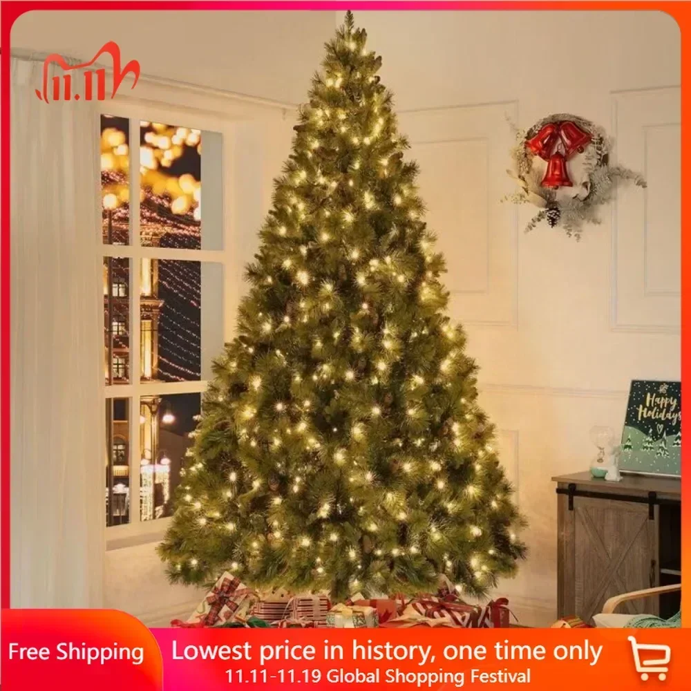 9ft Christmas Tree with Lights, Foot Pedal 2294 Branch Tips, 1050 Warm Lights and Metal Stand, Aritificial Christmas Tree