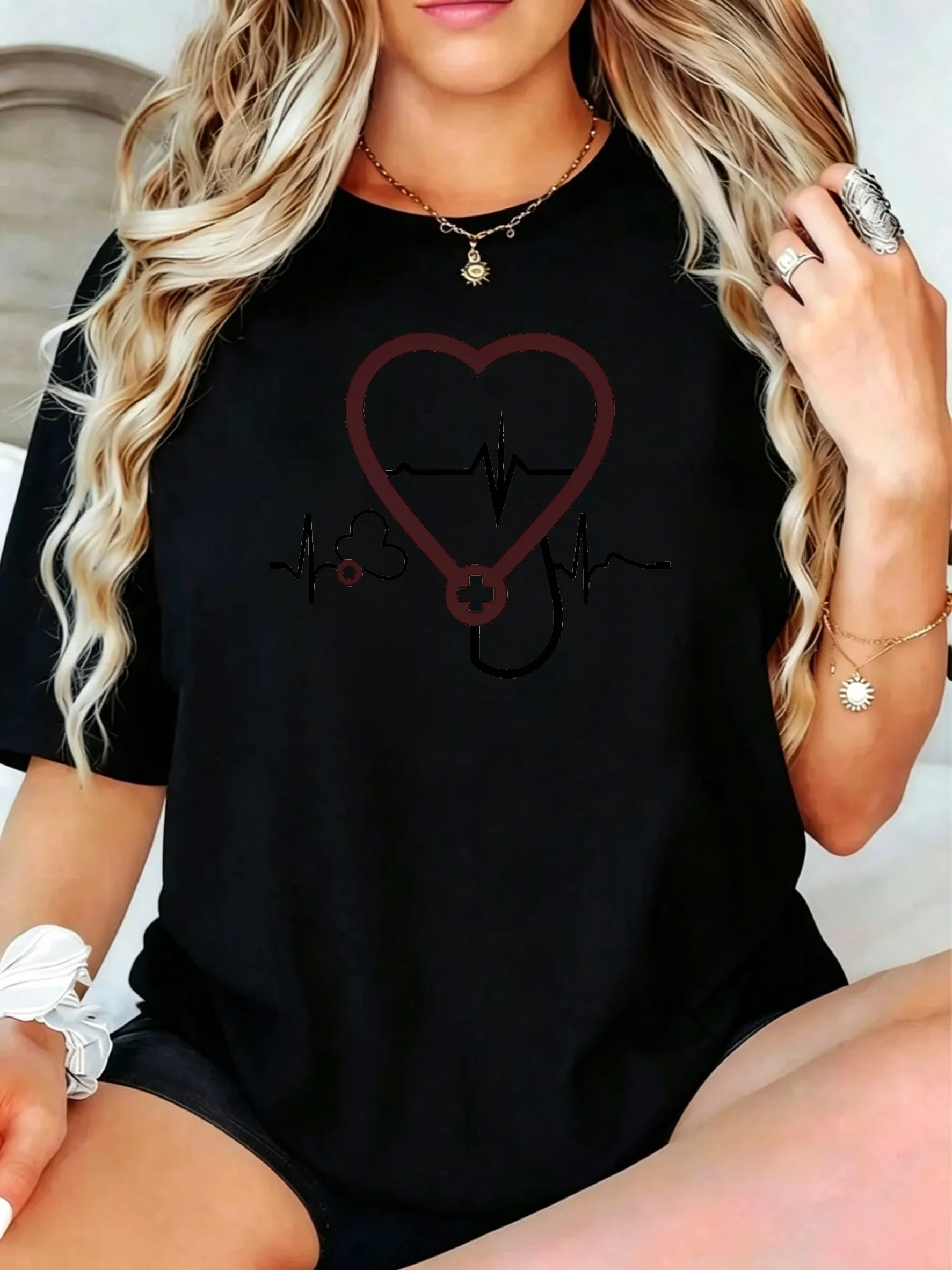1Pcs Plus Size Women T-Shirt, Heart Stethoscope Pulse Line Cross Symbol Shirt, Loose Type Shirt for Women