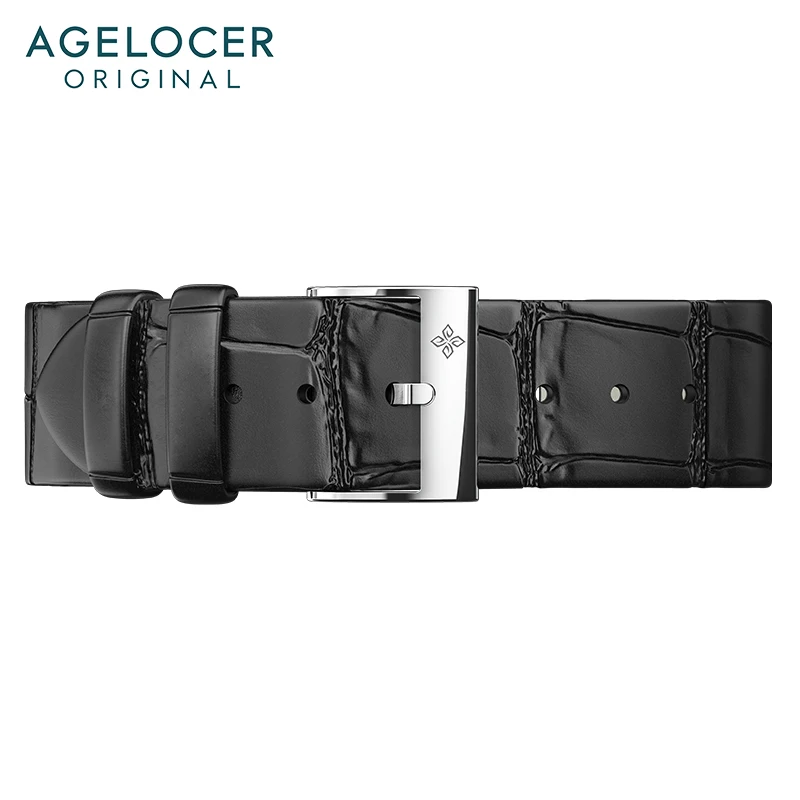 AGELOCER Original Brand Strap Width 18mm Black Blue Leather Strap 316L Stainless Steel Buckle