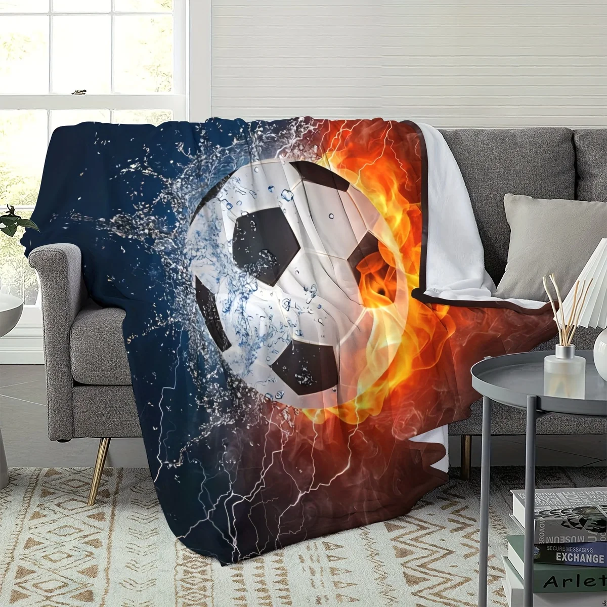 1pc Ice & Fire Soccer Flannel Throw Blanket - Soft, All-Season Polyester Knit Cover with Electric Blue & Orange Design, Hypoalle