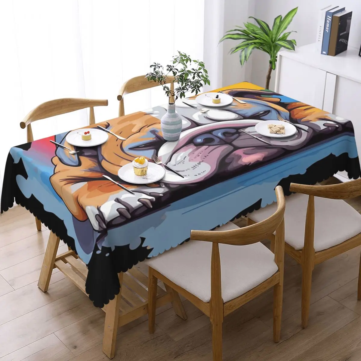 Cute Lazy British Bulldog Lying Down Customized Rectangular Tablecloth Waterproof Table Cover for Dining Events Table Cloth