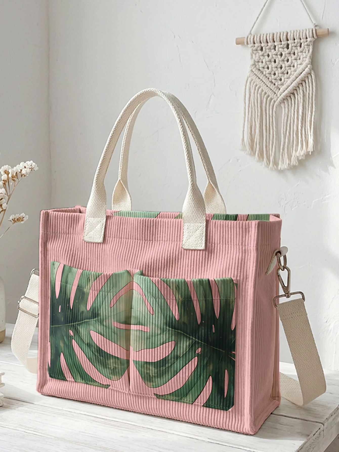 

Tropical Monstera Leaf Print Corduroy Tote Bag Large Capacity Multi Pocket Commuter Shoulder Bag