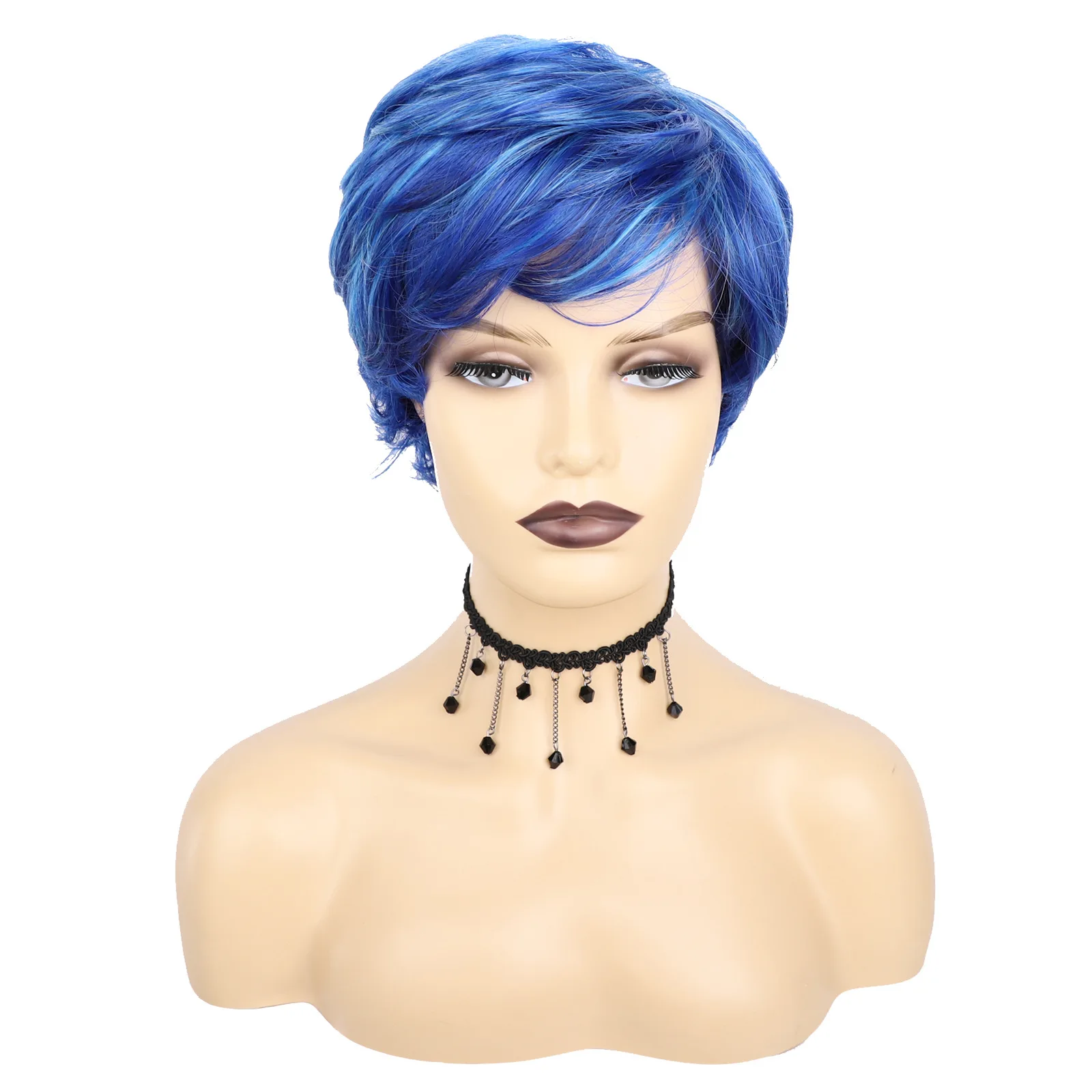 OUCEY Synthetic Hair Wig Woman Blue Short Wig Heat Resistant Fiber Natural Wavy Cosplay Wigs for Women Pixie Cut Wig With Bangs