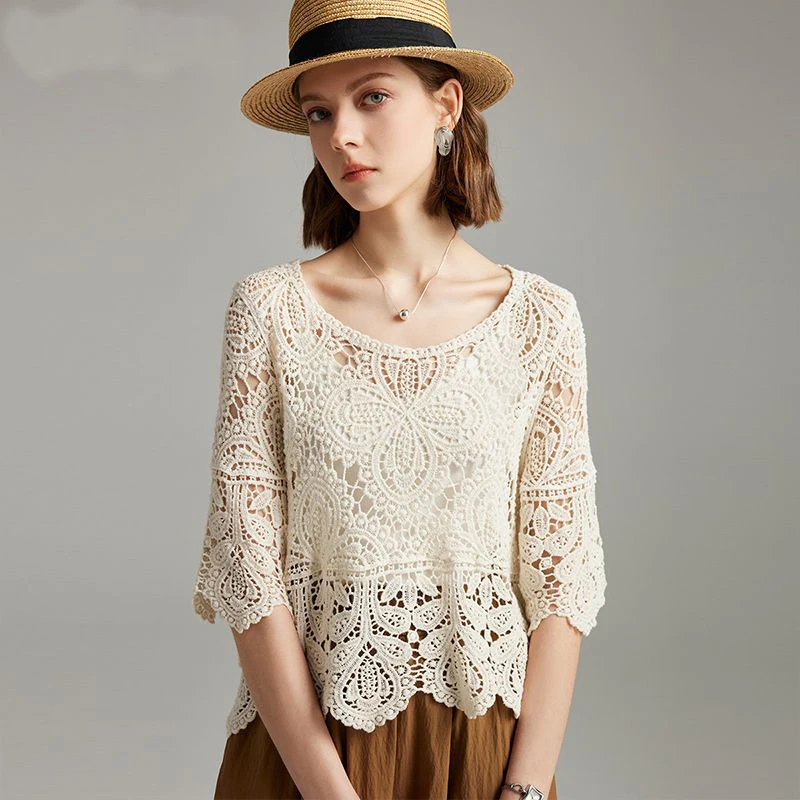 Hollow out thin knit sweater women's summer new western-style outerwear air-conditioned shirt t-shirt solid color middle sleeve