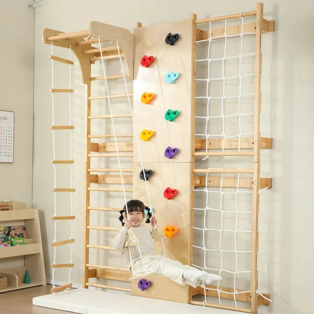 

In Stock Indoor Montessori Playground 9-in-1 Swedish Kids Ladder Wall Gym Set With Rock Climbing and Pullup Bars