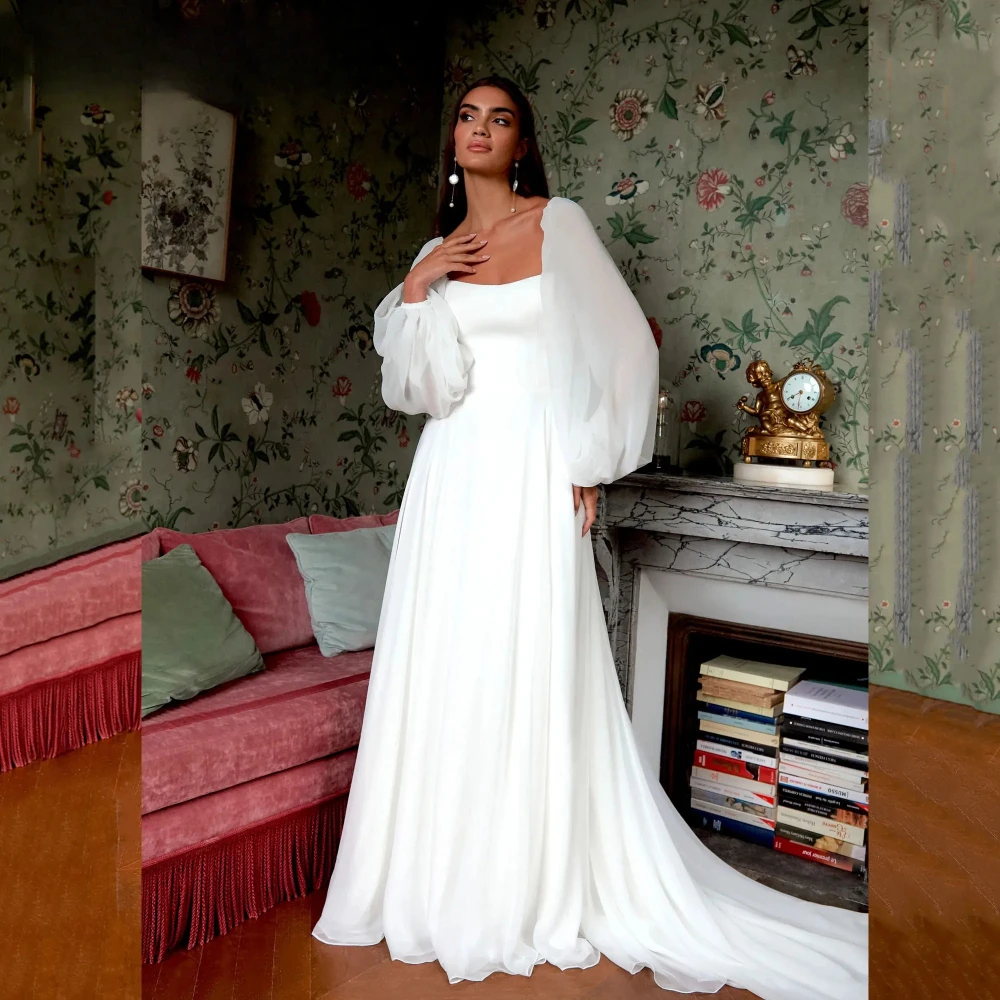 Vintage Square A-line Wedding Dresses For Bride Chiffon Long Puff Sleeve Backless Sweep Train Bridal Gown vestido de novia