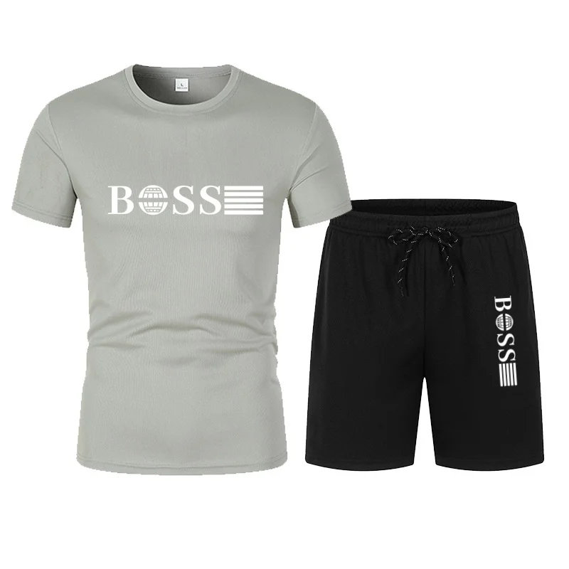 Summer hot selling men's sports suit fashionable printed casual T-shirt+shorts two-piece running set breathable quick drying view 2