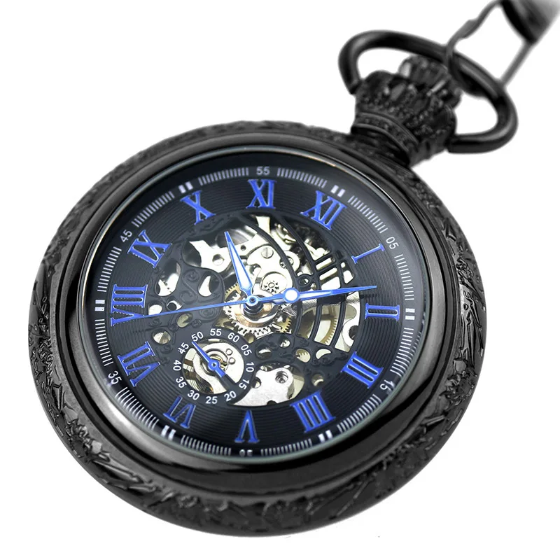 Black Mechanical Pocket Watch with Chain Hand Winding Fob Watch without Battery Clock Men Blue Roman Numbers Engraved Watch