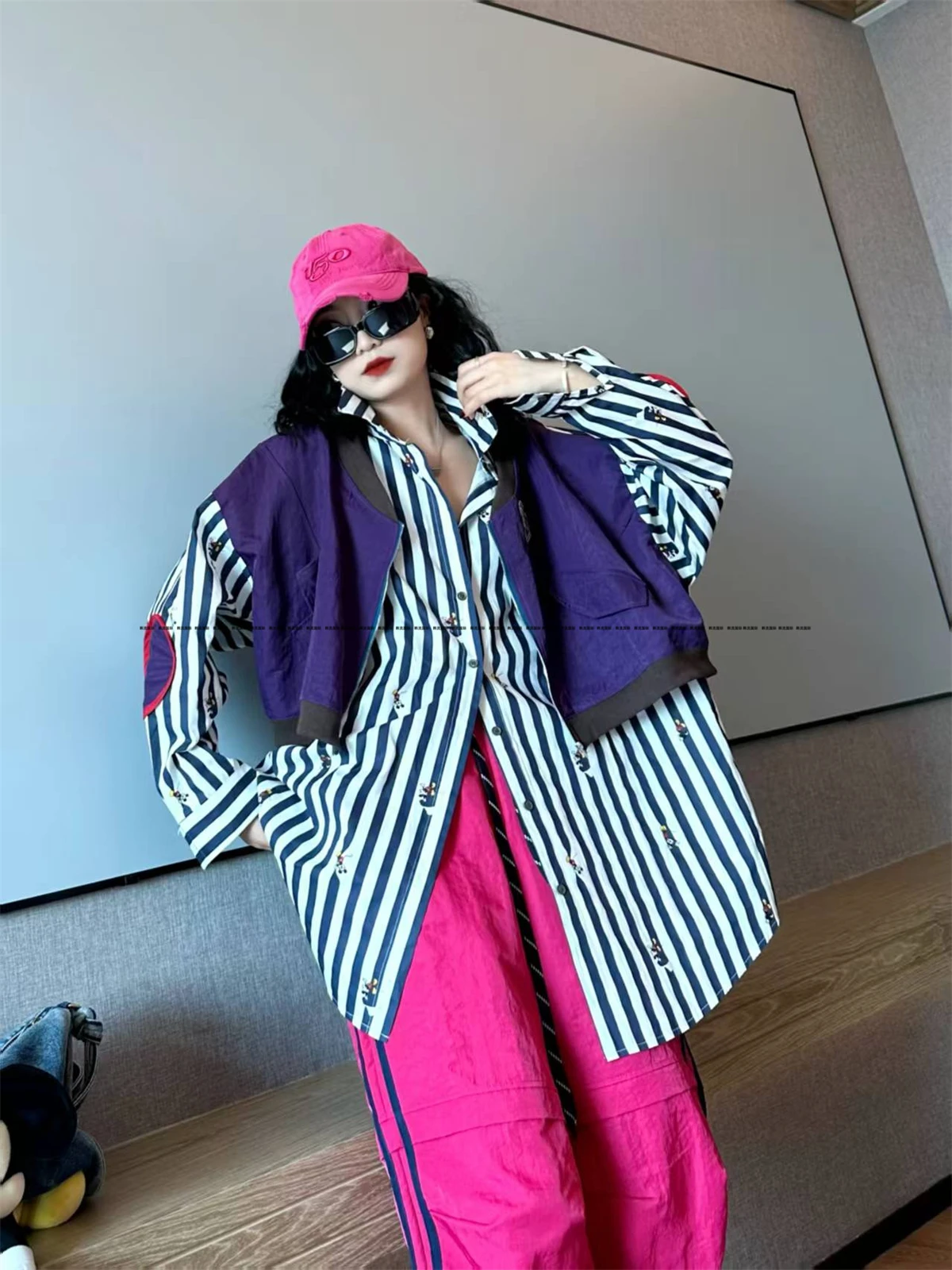 High-end Loose Striped Shirt for Women Mid-length Boy Friend Style Oversized Cartoon Patch Polo Neck Long Sleeve Shirt for Women