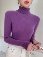 Women's High Neck Knitted Sweater, Korean Version, Slim, Long Sleeve, Solid Simple, Basic Style, Knit Pullover Top, Autumn, New 5