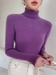 Women's High Neck Knitted Sweater, Korean Version, Slim, Long Sleeve, Solid Simple, Basic Style, Knit Pullover Top, Autumn, New
