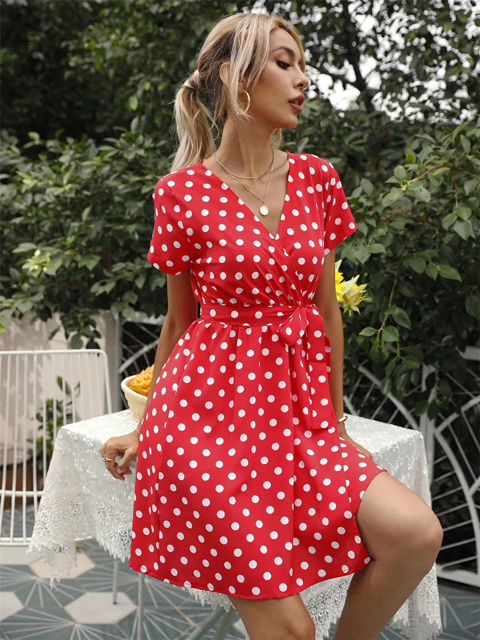 2022 New Polka Dot Print Short Dress Women V Neck Summer Sexy Bandage Dresses Ladies Beach Style