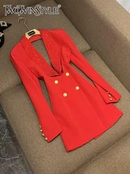 TWOTWINSTYLE Solid Hollow Out Blazer For Women Shawl Collar Long Sleeve Tunic Spliced Button Temperament Blazer Female KJA501707