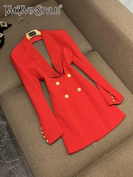 TWOTWINSTYLE Katı Hollow Out Blazer Kadınlar Için Şal Yaka Uzun Kollu Tunik Eklenmiş Düğme Mizaç Blazer Kadın KJA 501707