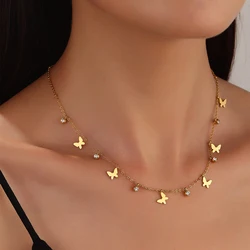 316L Stainless Steel Butterfly Tassel Pendant Necklace For Women Fashion Gold Color Zircon Charms Chain Necklaces Jewelry