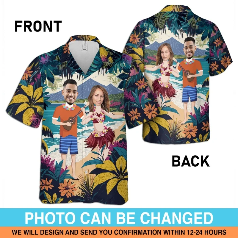 

Customized Couple Graphic Hawaiian Shirt For Men Funny 3D Printed Short Sleeve Summer Loose Street Aloha Shirts Lapel Blouses