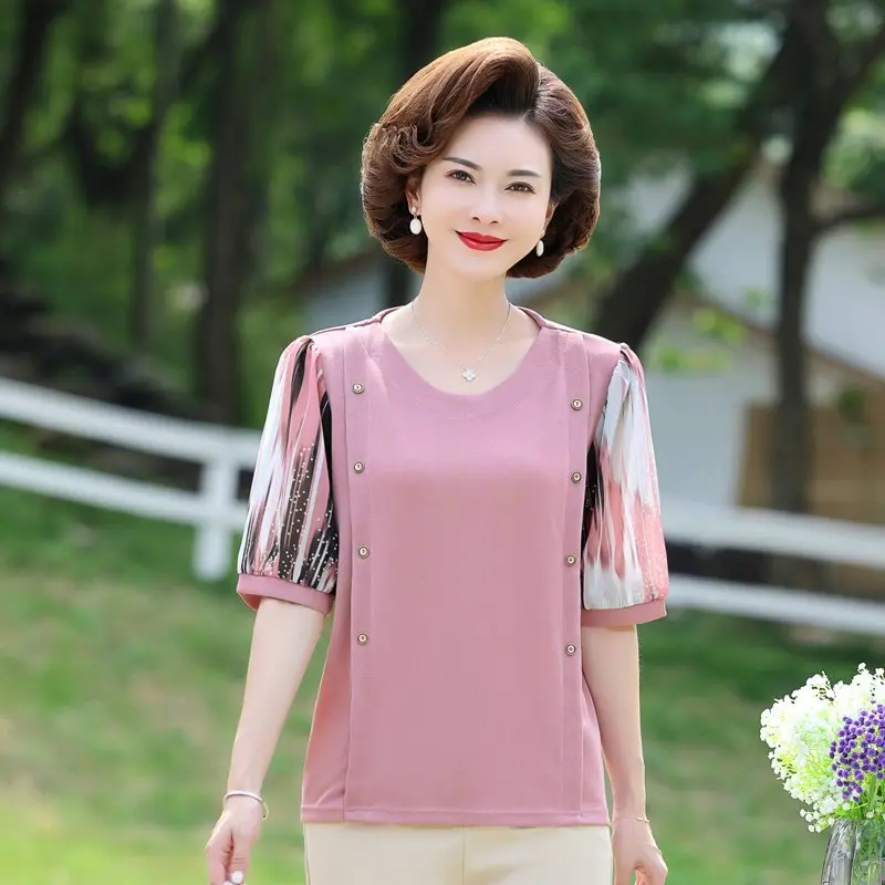 

Women Summer Knitted Pullover Chiffon Patchwork Short Sleeve Blouses Shirts Tops O-Neck Casual Loose Middle Aged Mother Clothes