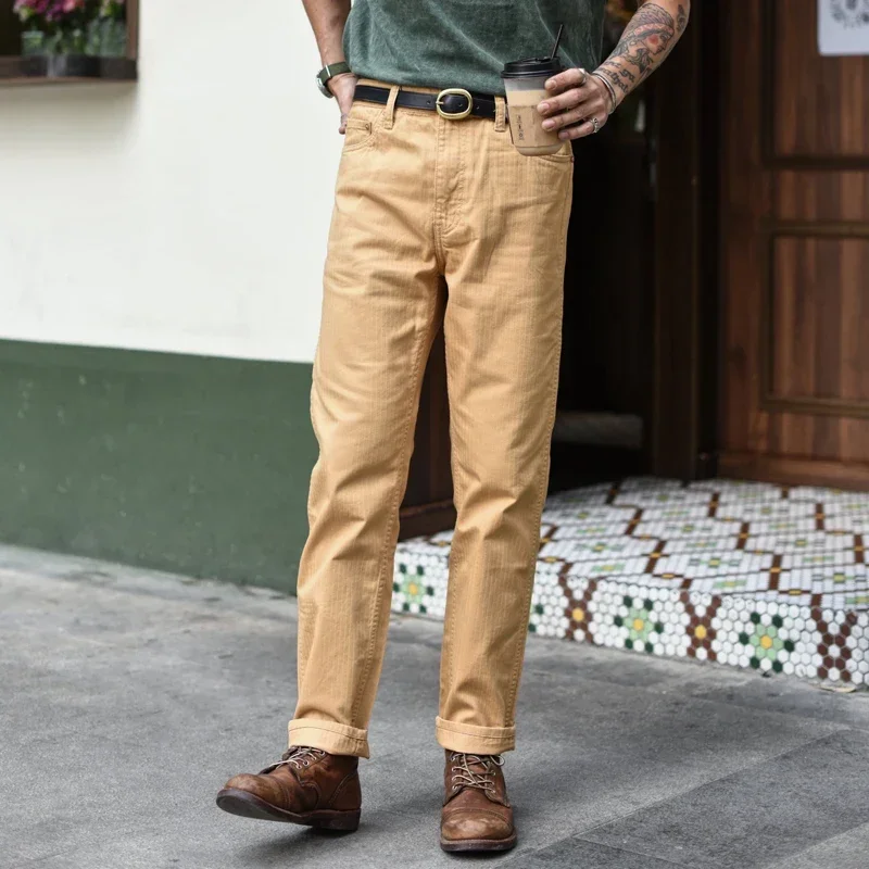 Sauce Zhan Men Pants HBT Herringbone Cargo Pants Casual Pants Waved Twills Slim Fit High Front Rise Wear-resistant Green