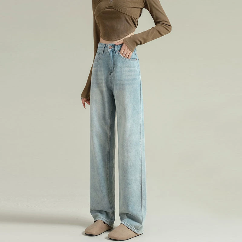 Pink label design cover meat wide-leg jeans female small pear-shaped figure light blue high-waisted loose drag straight pants