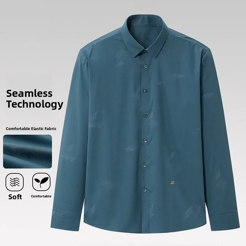 

Men's Spring 2024 Elastic Pattern Decorative Breathable Seamless Technology Long Sleeve Shirt Fashion Urban Style Standard Fit