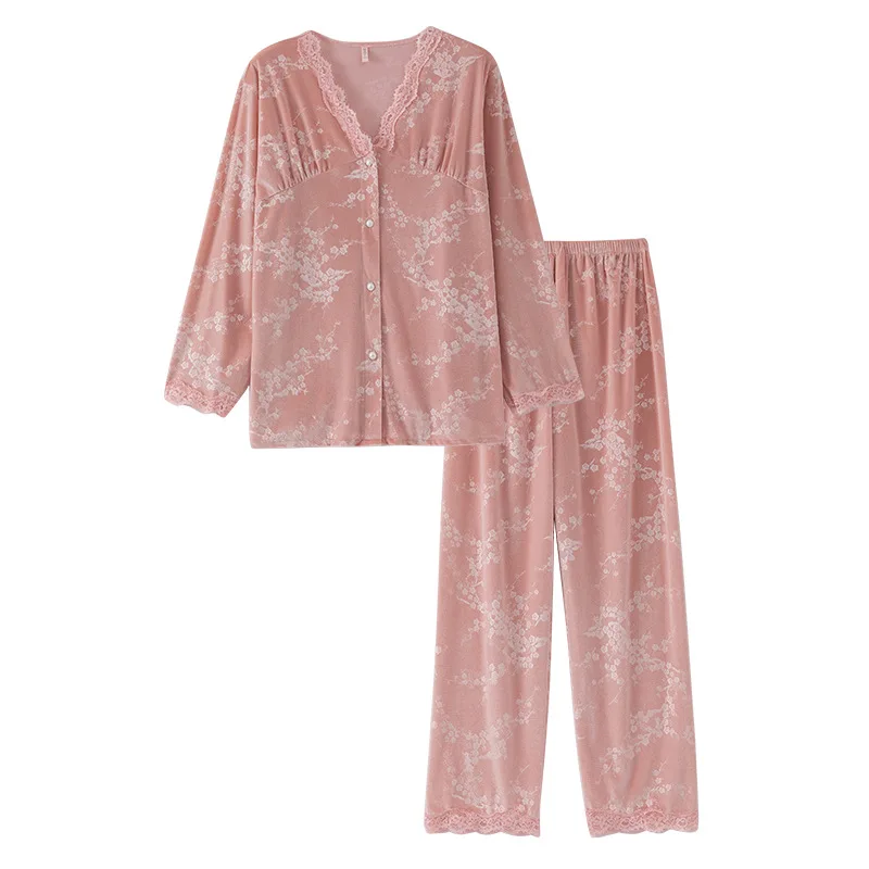 Fashion Flower Print Sleepwear Trouser Suits Velvet Female 2PCS Pajamas Set Lingerie Autumn Winter Casual Velour Homewear Pyjama