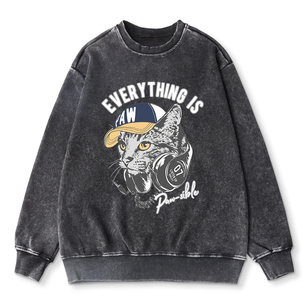 Fashion Men Woman Washed Sweatshirt Hip Hop Cool Cat Printed Pullover Oversize Cotton Crewneck Hoodie Couple Acid Wash Clothes