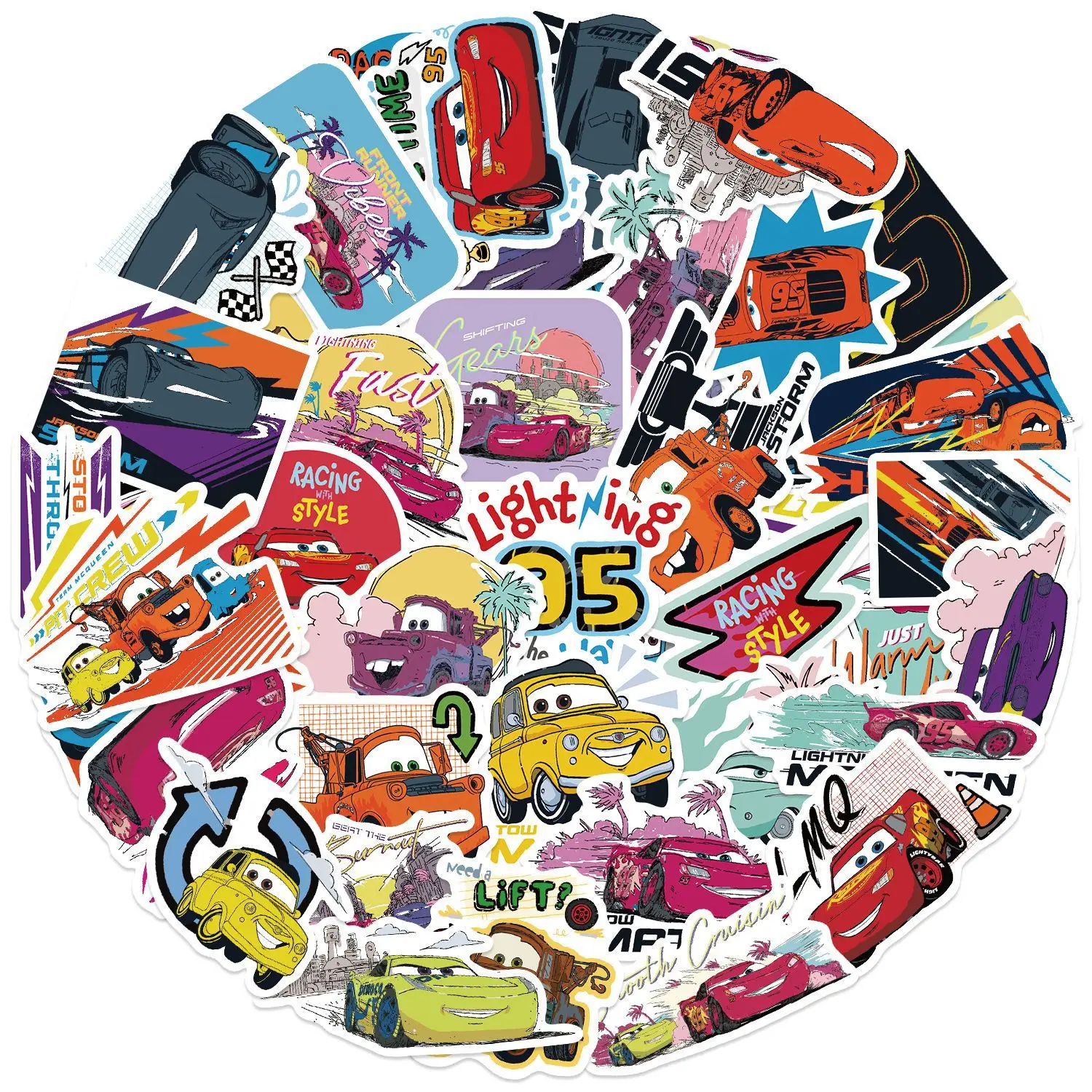 50 قطعة من ملصقات الرسوم المتحركة لسيارات ديزني ميامي سيارات المنتقمون لوح التزلج والكمبيوتر المحمول والأمتعة الكرتونية DIY ملصق مضاد للمياه لعبة أطفال